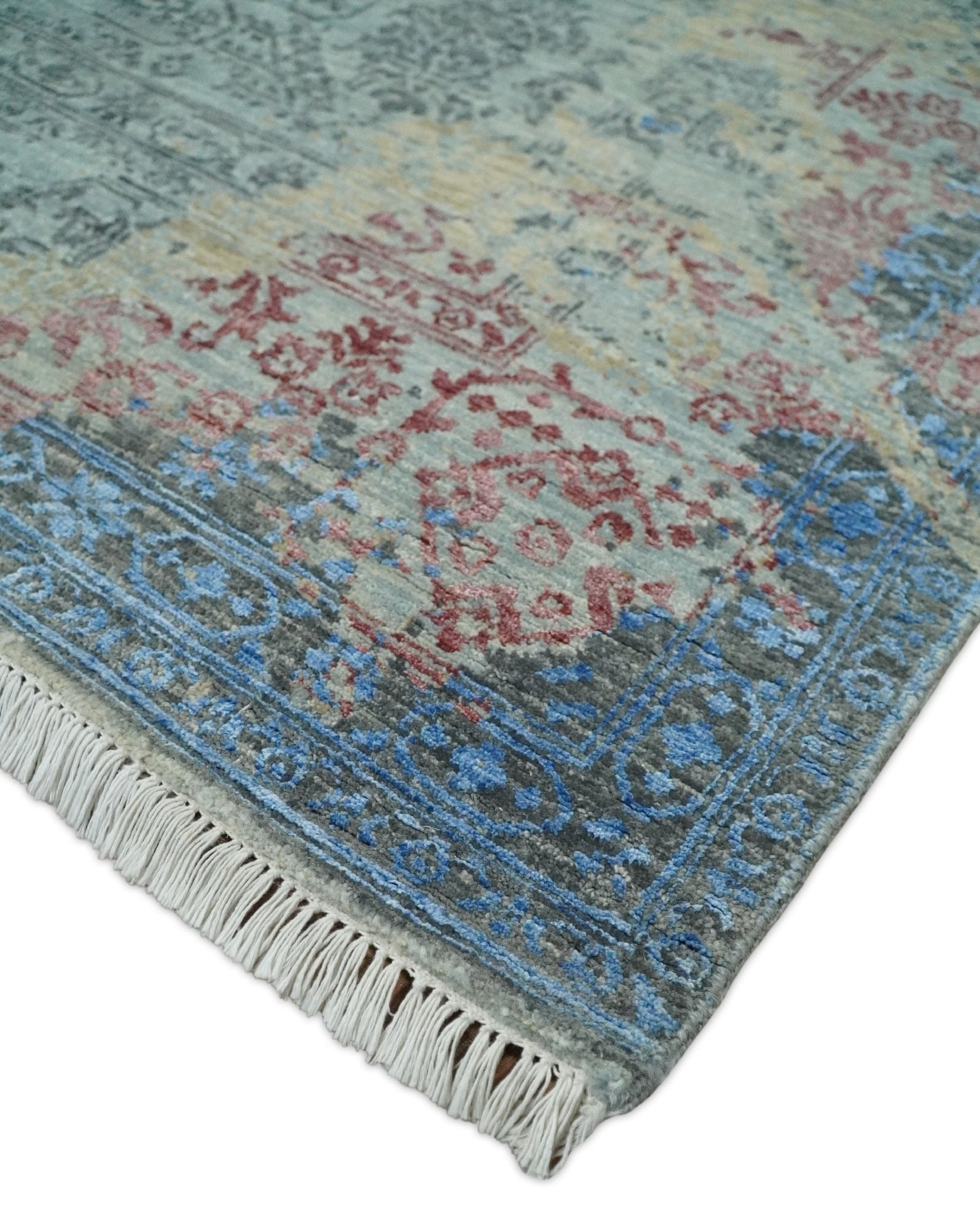 Hand - Knotted Wool and Bamboo Silk Rug Beige Pink and Blue Traditional Design 8x10 - MyTuftedRugs.com