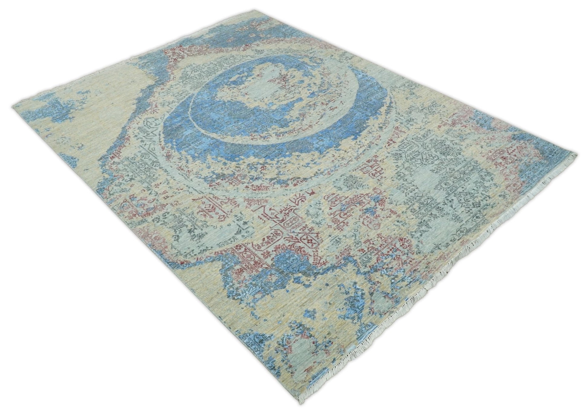 Hand - Knotted Wool and Bamboo Silk Rug Beige Pink and Blue Traditional Design 8x10 - MyTuftedRugs.com