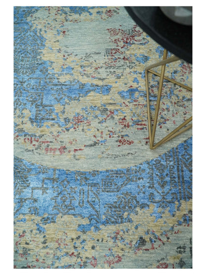 Hand - Knotted Wool and Bamboo Silk Rug Beige Pink and Blue Traditional Design 8x10 - MyTuftedRugs.com