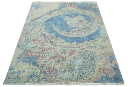 Hand - Knotted Wool and Bamboo Silk Rug Beige Pink and Blue Traditional Design 8x10 - MyTuftedRugs.com