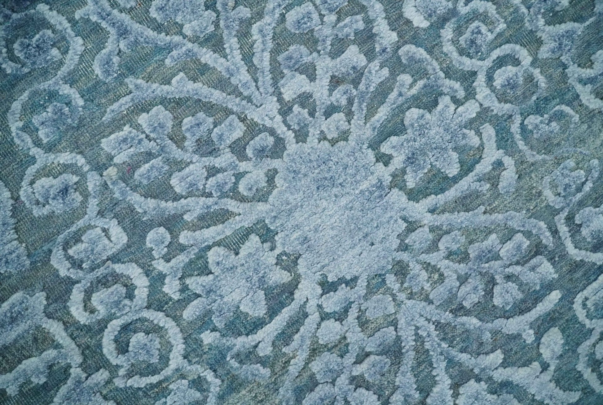 Hand - Knotted Wool and Bamboo Silk Rug Blue Hand Carved High Low Texture 8x10 - MyTuftedRugs.com