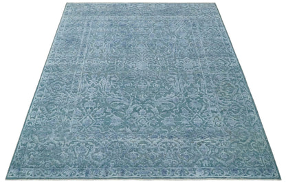 Hand - Knotted Wool and Bamboo Silk Rug Blue Hand Carved High Low Texture 8x10 - MyTuftedRugs.com
