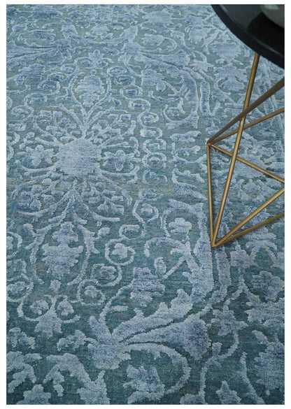 Hand - Knotted Wool and Bamboo Silk Rug Blue Hand Carved High Low Texture 8x10 - MyTuftedRugs.com