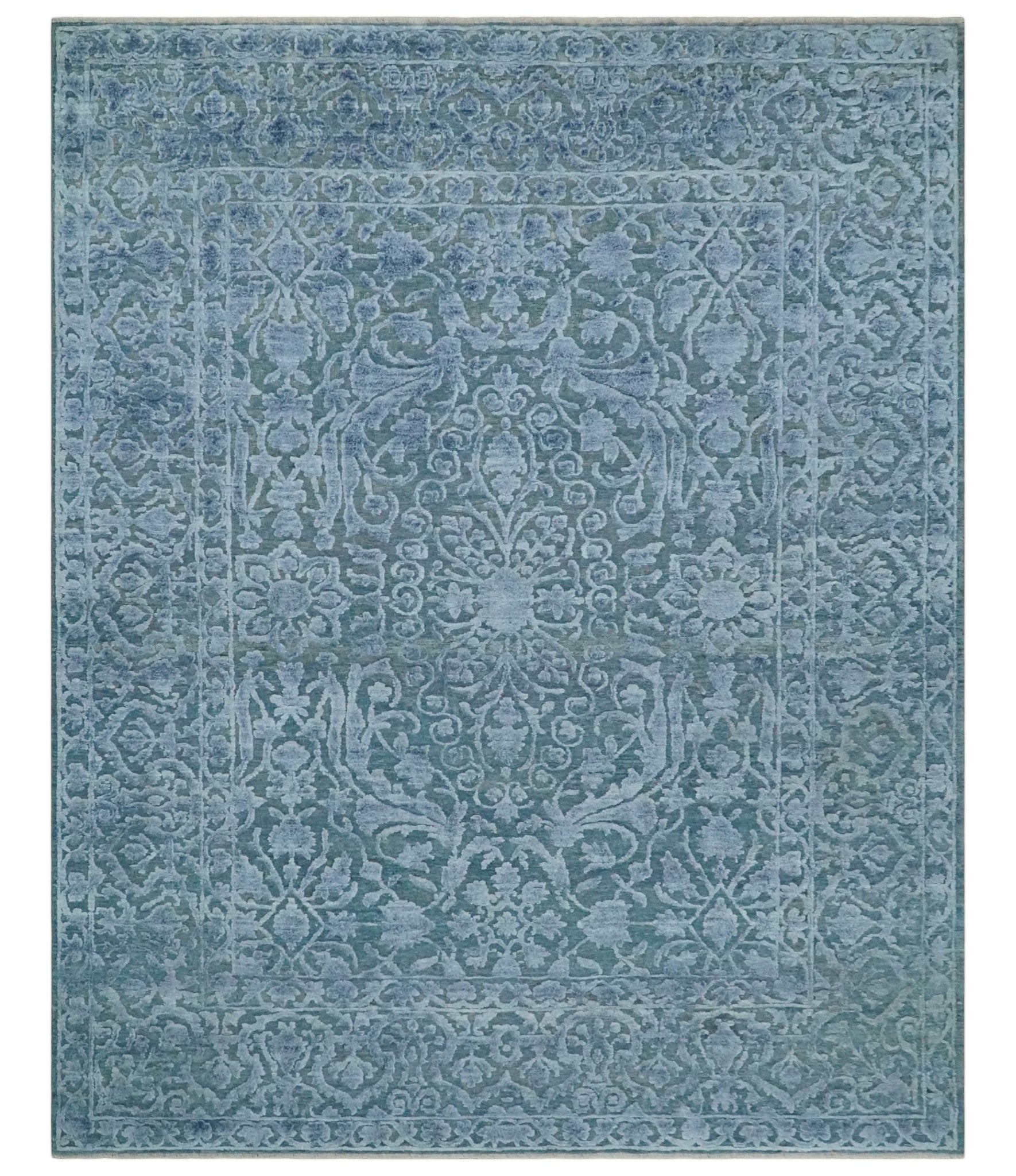 Hand - Knotted Wool and Bamboo Silk Rug Blue Hand Carved High Low Texture 8x10 - MyTuftedRugs.com