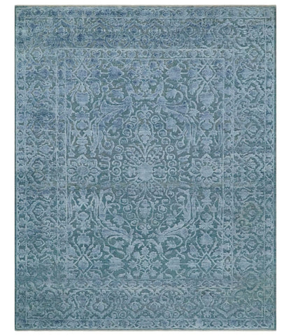 Hand - Knotted Wool and Bamboo Silk Rug Blue Hand Carved High Low Texture 8x10 - MyTuftedRugs.com