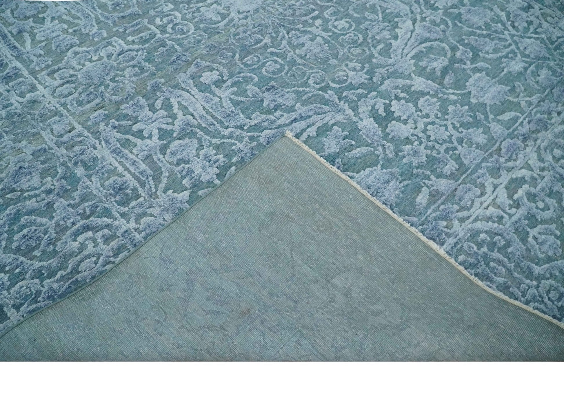 Hand - Knotted Wool and Bamboo Silk Rug Blue Hand Carved High Low Texture 8x10 - MyTuftedRugs.com