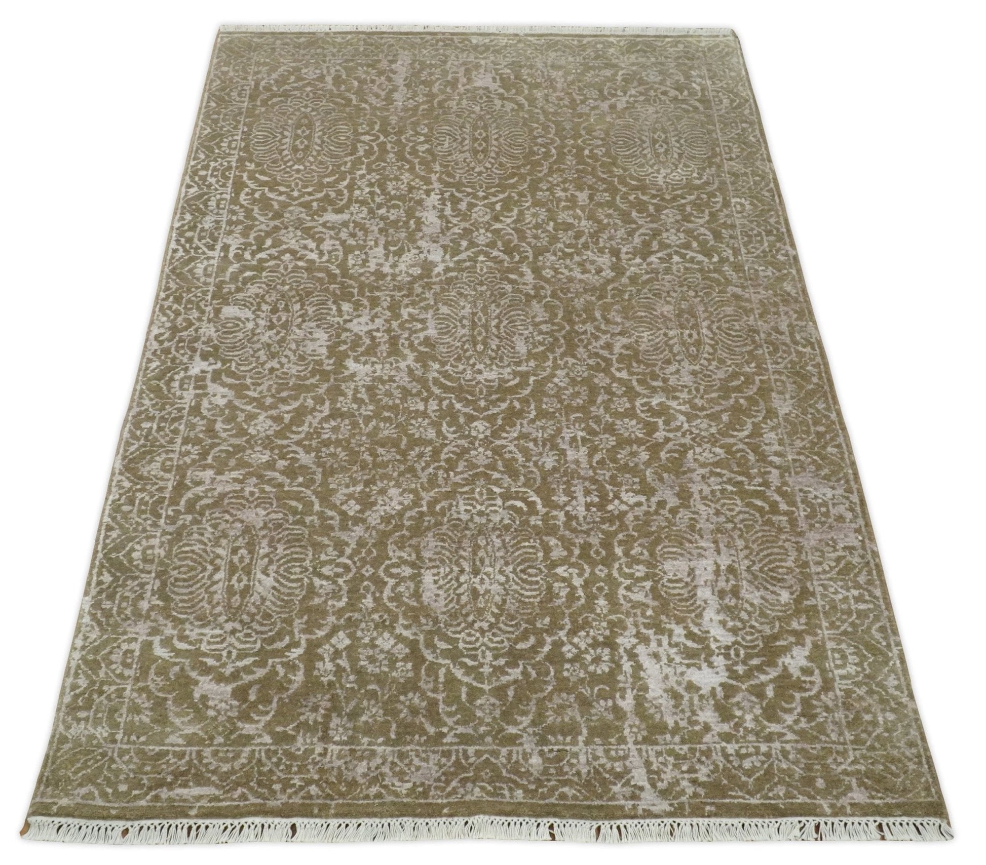 Hand - Knotted Wool and Bamboo Silk Rug Olive and Silver Traditional Design 4x6 - MyTuftedRugs.com