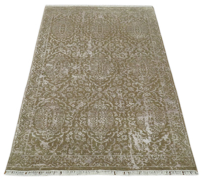 Hand - Knotted Wool and Bamboo Silk Rug Olive and Silver Traditional Design 4x6 - MyTuftedRugs.com
