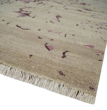 Hand - Knotted Wool Area Rug Camel and Purple Abstract Design 8x10 - MyTuftedRugs.com