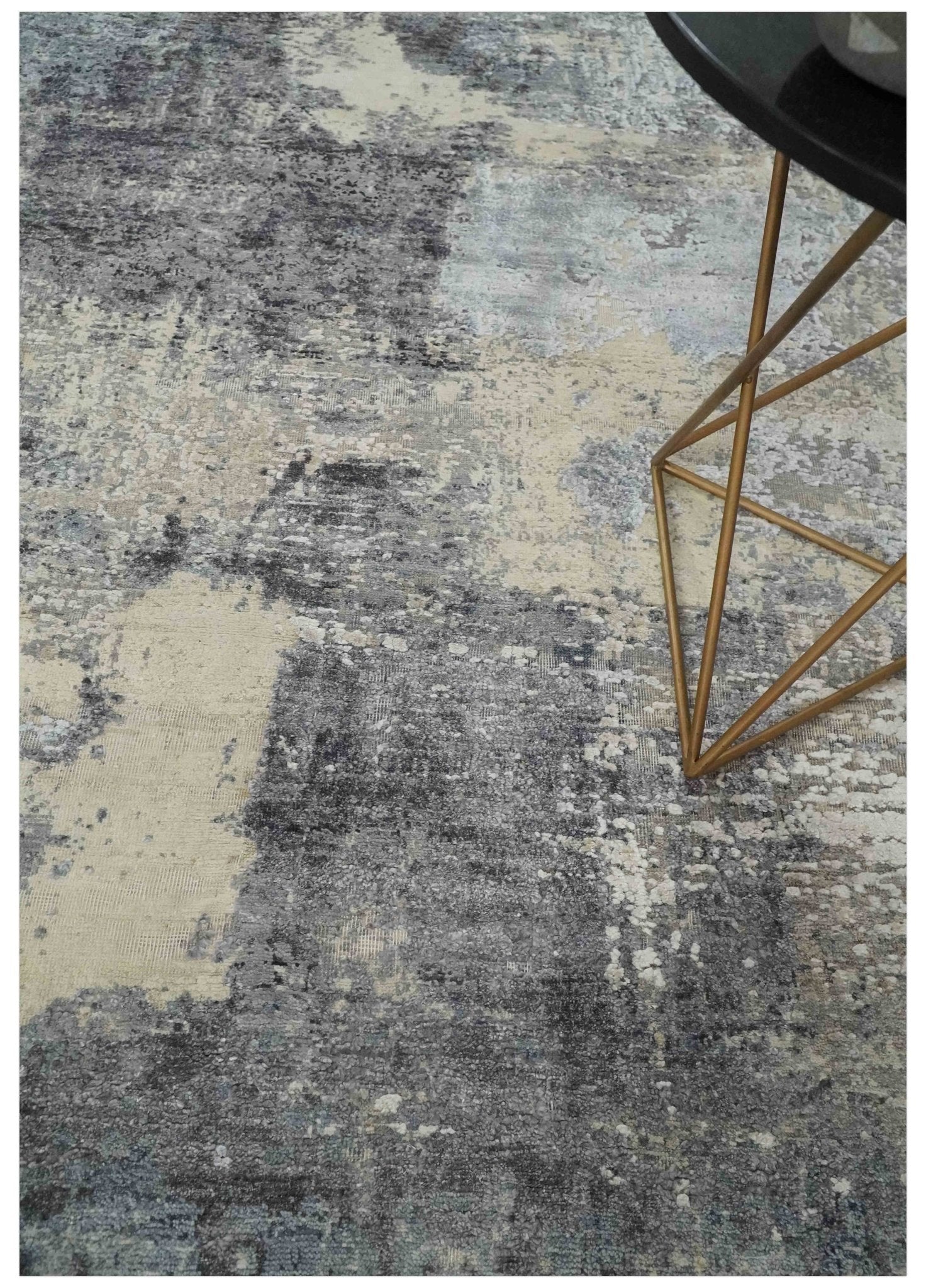 Hand - Knotted Wool & Bamboo Silk Rug 7'10" x 9'8" – Charcoal, Beige & Gray - MyTuftedRugs.com