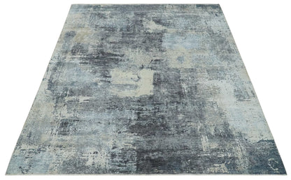 Hand - Knotted Wool & Bamboo Silk Rug 7'10" x 9'8" – Charcoal, Beige & Gray - MyTuftedRugs.com