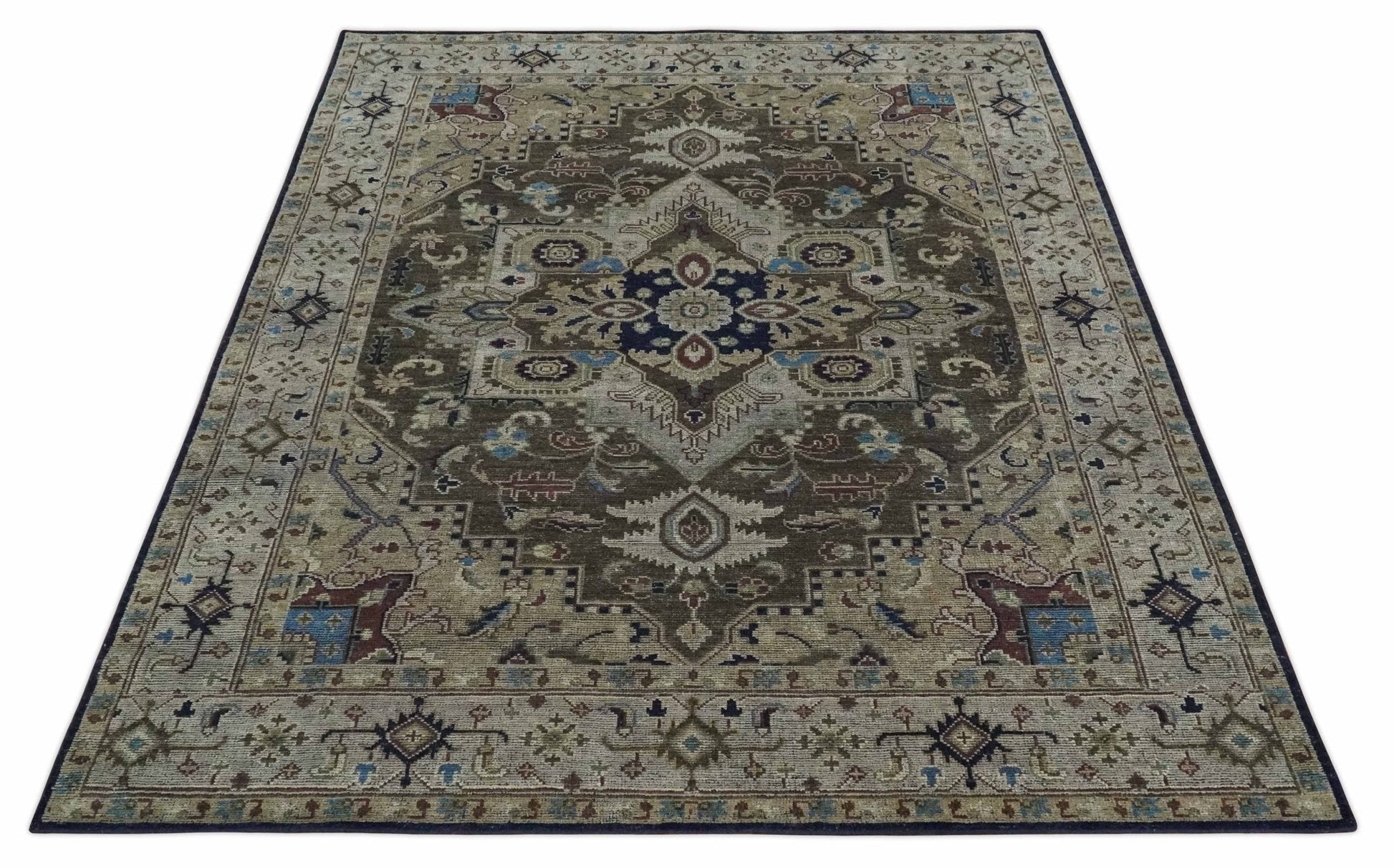 Hand - Knotted Wool Heriz Rug Brown Beige and Blue Traditional Design 8x10 - MyTuftedRugs.com