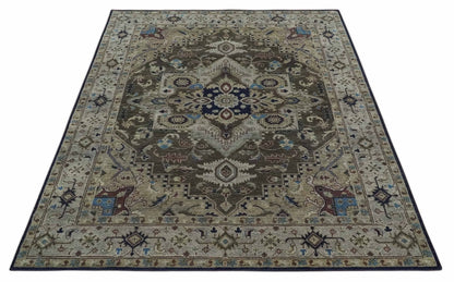 Hand - Knotted Wool Heriz Rug Brown Beige and Blue Traditional Design 8x10 - MyTuftedRugs.com