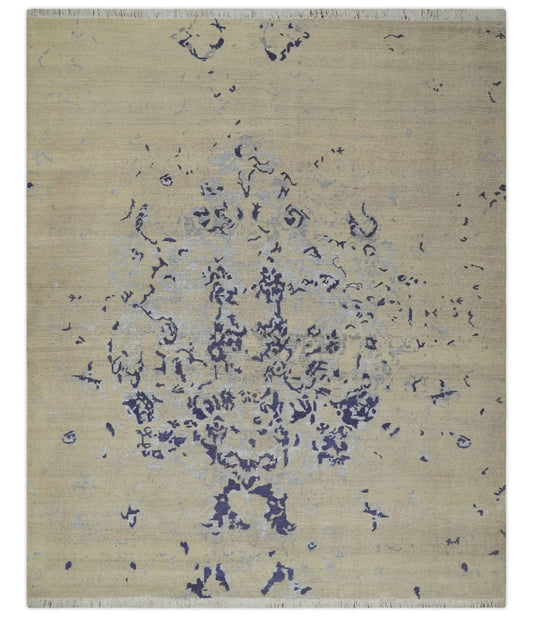 Hand - Knotted Wool Rug Beige Blue and Silver Traditional Design 8x10 - MyTuftedRugs.com