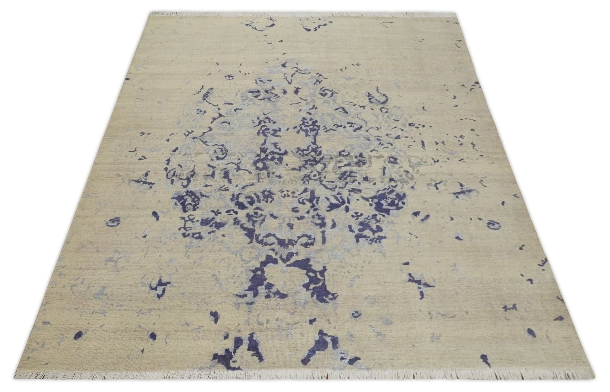 Hand - Knotted Wool Rug Beige Blue and Silver Traditional Design 8x10 - MyTuftedRugs.com