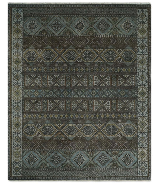Hand - Knotted Wool Rug Blue and Brown Traditional Design 8x10 - MyTuftedRugs.com