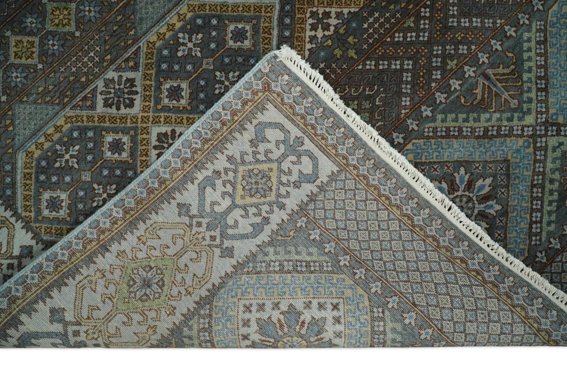 Hand - Knotted Wool Rug Blue and Brown Traditional Design 8x10 - MyTuftedRugs.com