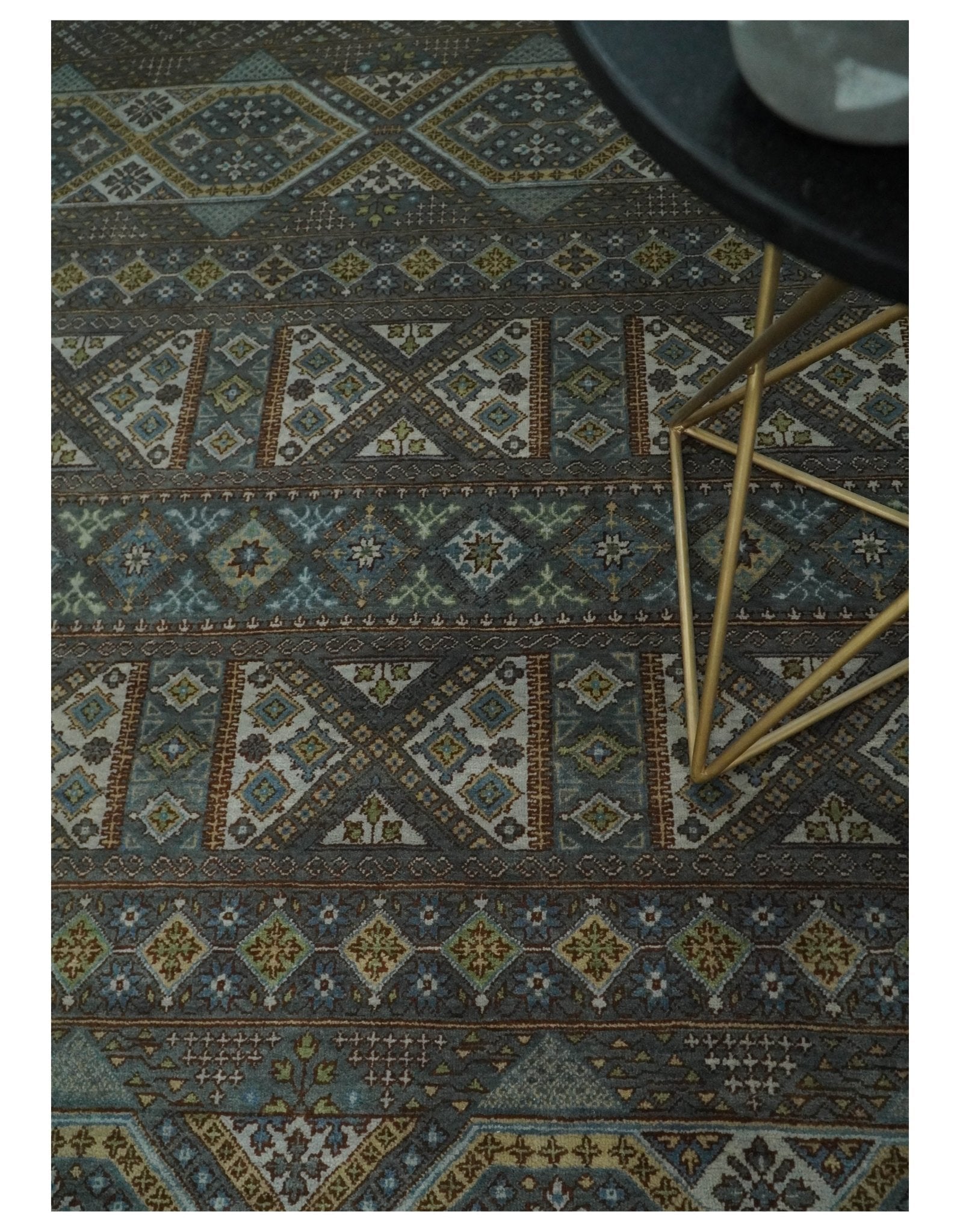 Hand - Knotted Wool Rug Blue and Brown Traditional Design 8x10 - MyTuftedRugs.com