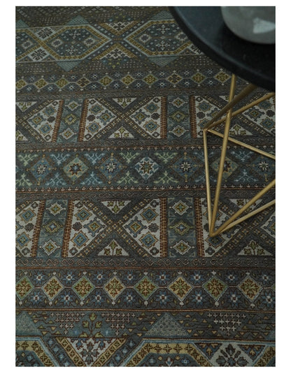 Hand - Knotted Wool Rug Blue and Brown Traditional Design 8x10 - MyTuftedRugs.com