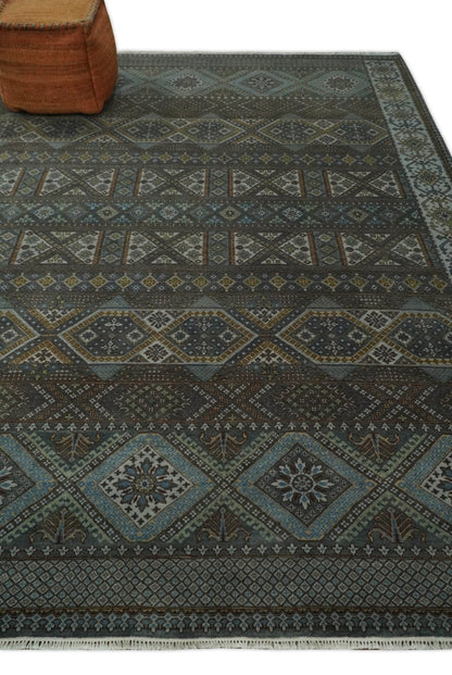 Hand - Knotted Wool Rug Blue and Brown Traditional Design 8x10 - MyTuftedRugs.com