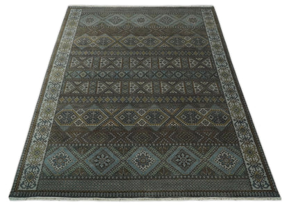 Hand - Knotted Wool Rug Blue and Brown Traditional Design 8x10 - MyTuftedRugs.com