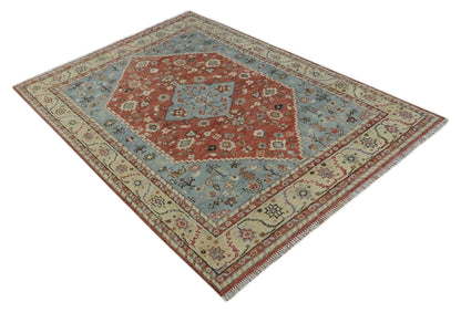 Hand - Knotted Wool Rug – Gray, Rust & Beige Traditional Medallion (8x10) - MyTuftedRugs.com