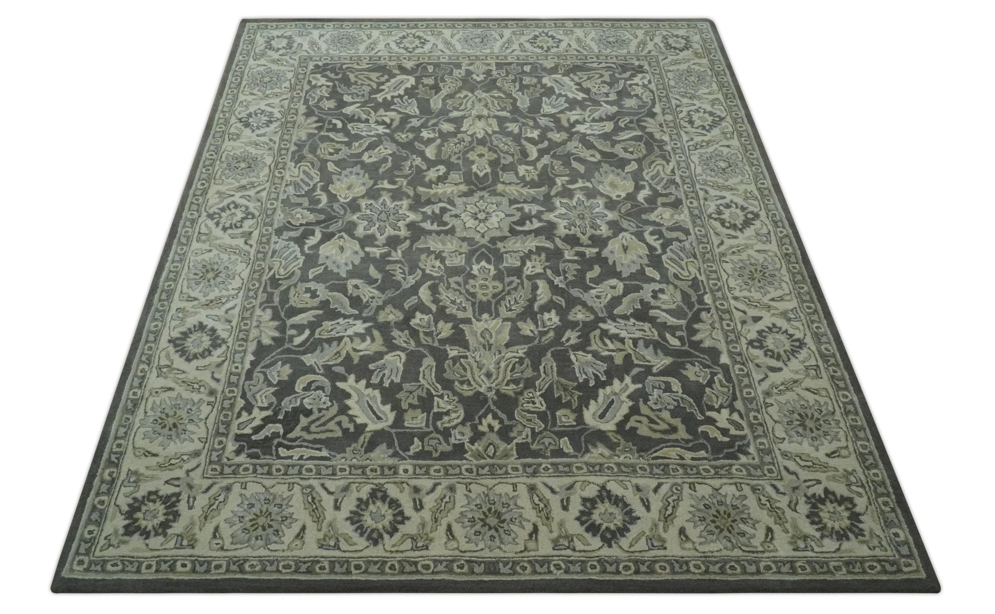 Hand - Tufted 8x10 Antique Design Rug | Charcoal & Beige Wool - MyTuftedRugs.com