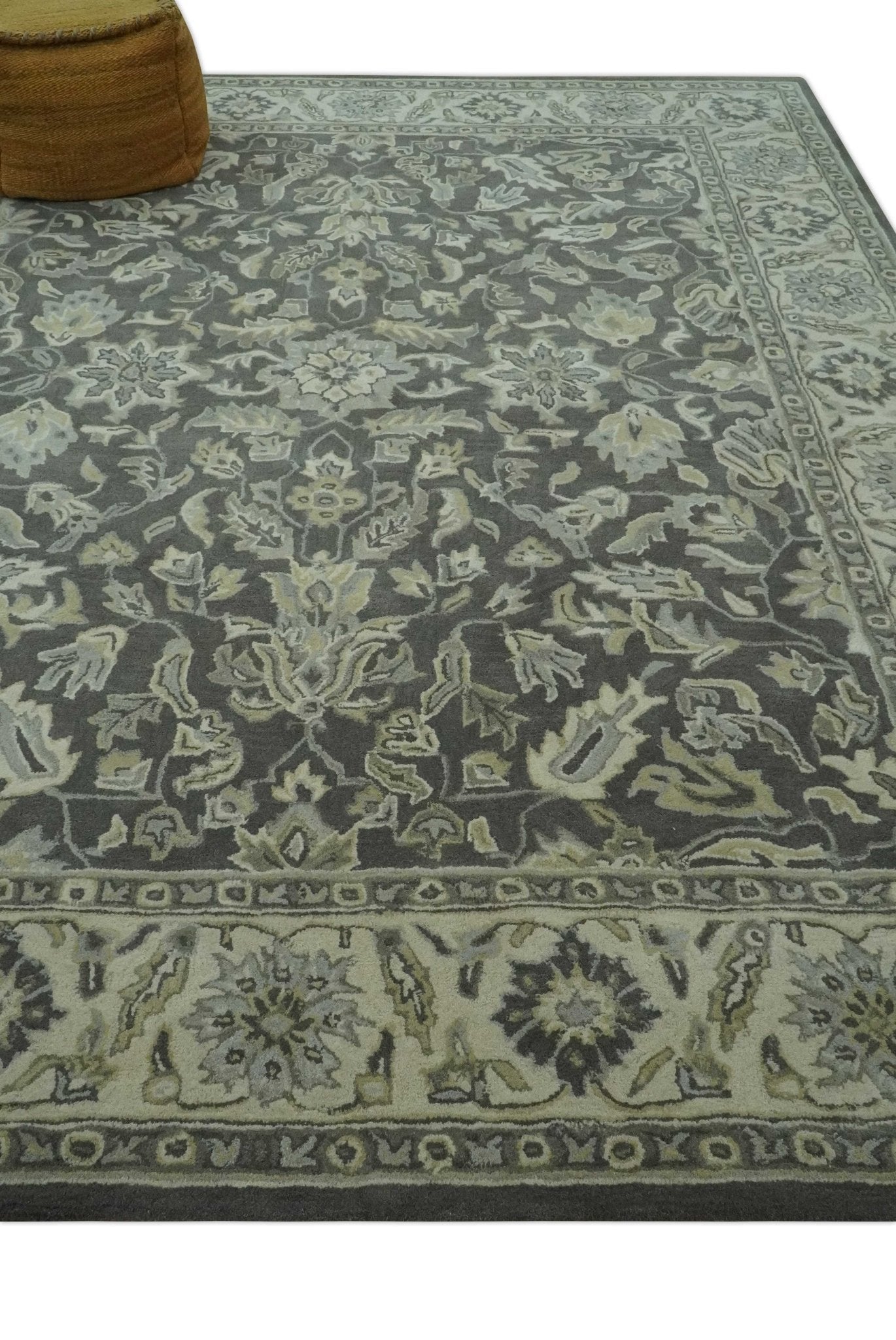 Hand - Tufted 8x10 Antique Design Rug | Charcoal & Beige Wool - MyTuftedRugs.com