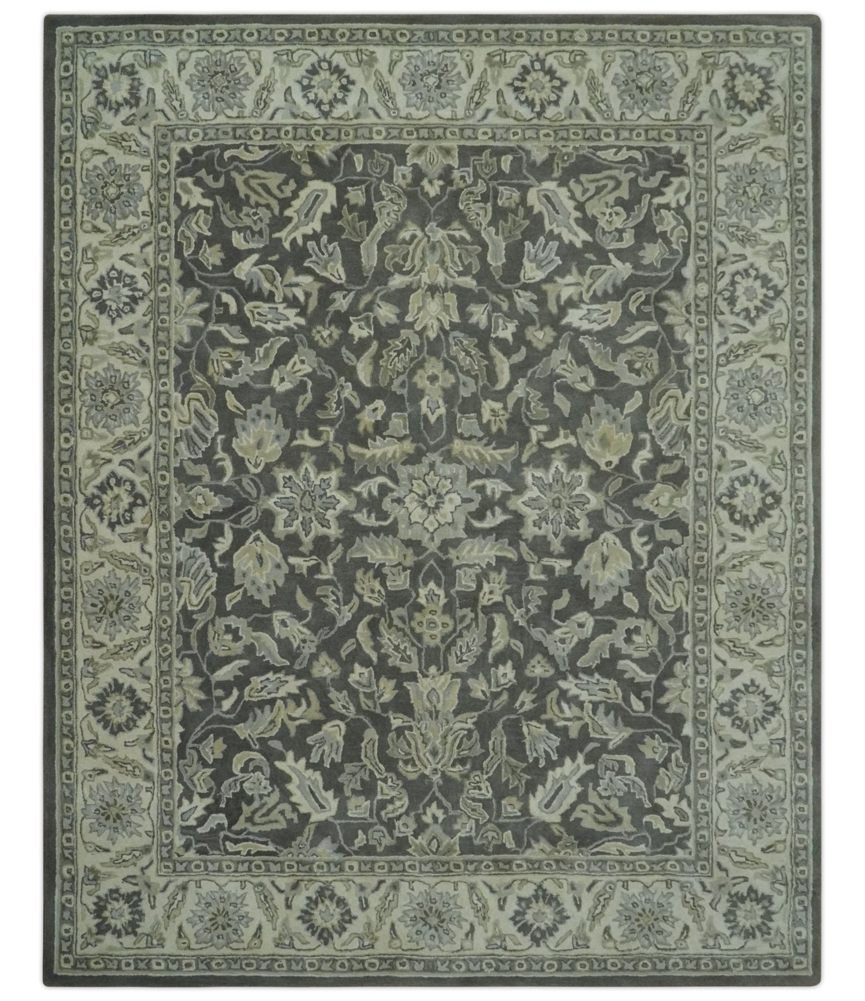 Hand - Tufted 8x10 Antique Design Rug | Charcoal & Beige Wool - MyTuftedRugs.com