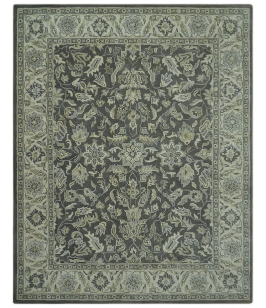 Hand - Tufted 8x10 Antique Design Rug | Charcoal & Beige Wool - MyTuftedRugs.com