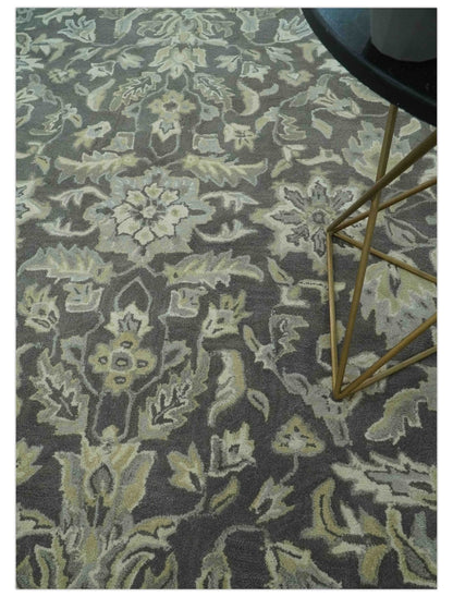 Hand - Tufted 8x10 Antique Design Rug | Charcoal & Beige Wool - MyTuftedRugs.com