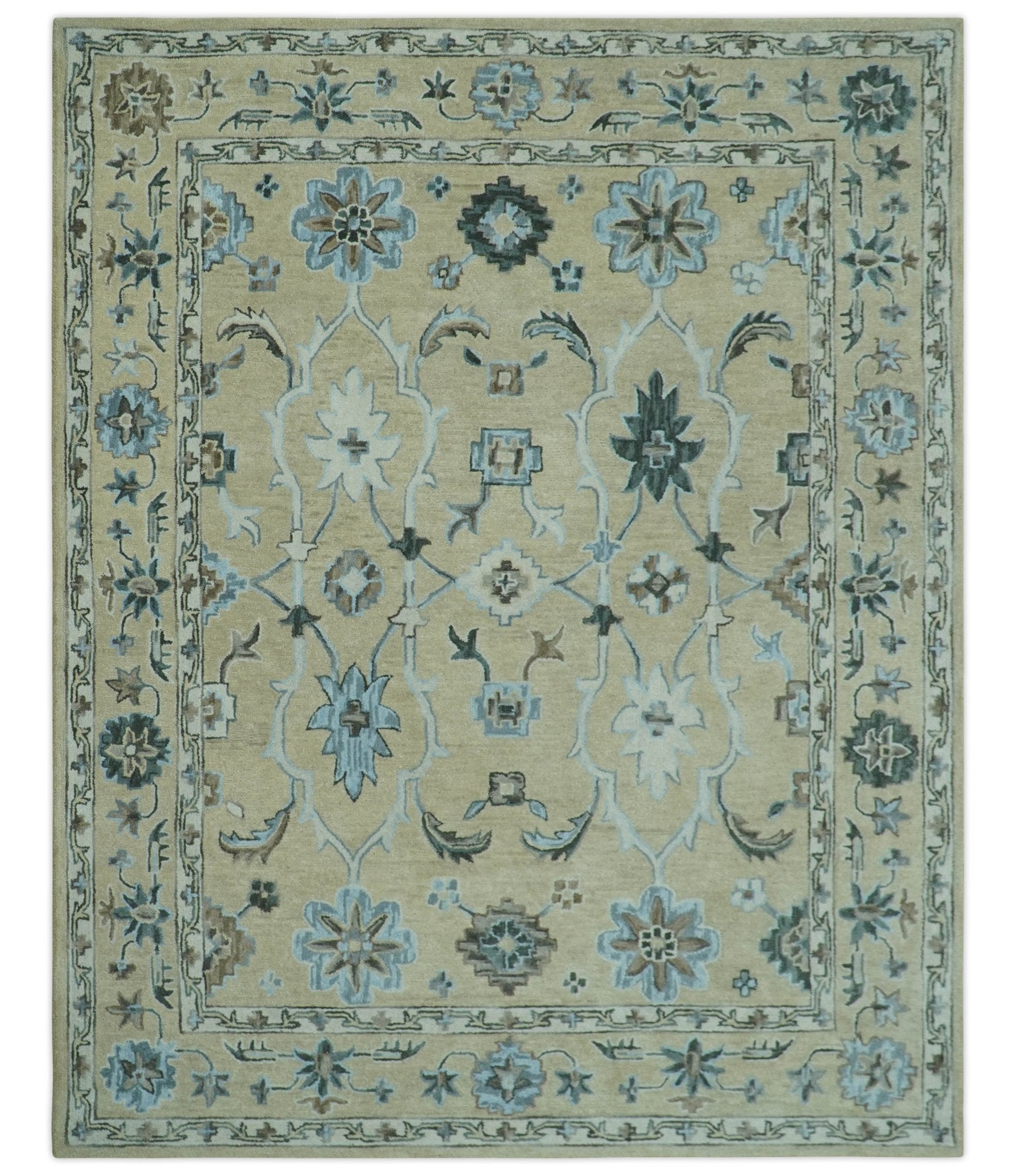 Hand - Tufted 8x10 Oriental Oushak Rug | Beige, Ivory & Blue Wool - MyTuftedRugs.com