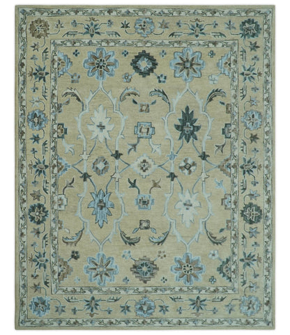 Hand - Tufted 8x10 Oriental Oushak Rug | Beige, Ivory & Blue Wool - MyTuftedRugs.com