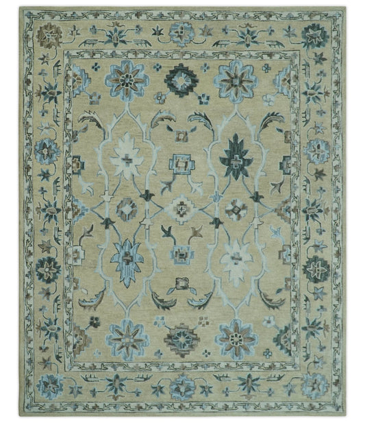 Hand - Tufted 8x10 Oriental Oushak Rug | Beige, Ivory & Blue Wool - MyTuftedRugs.com