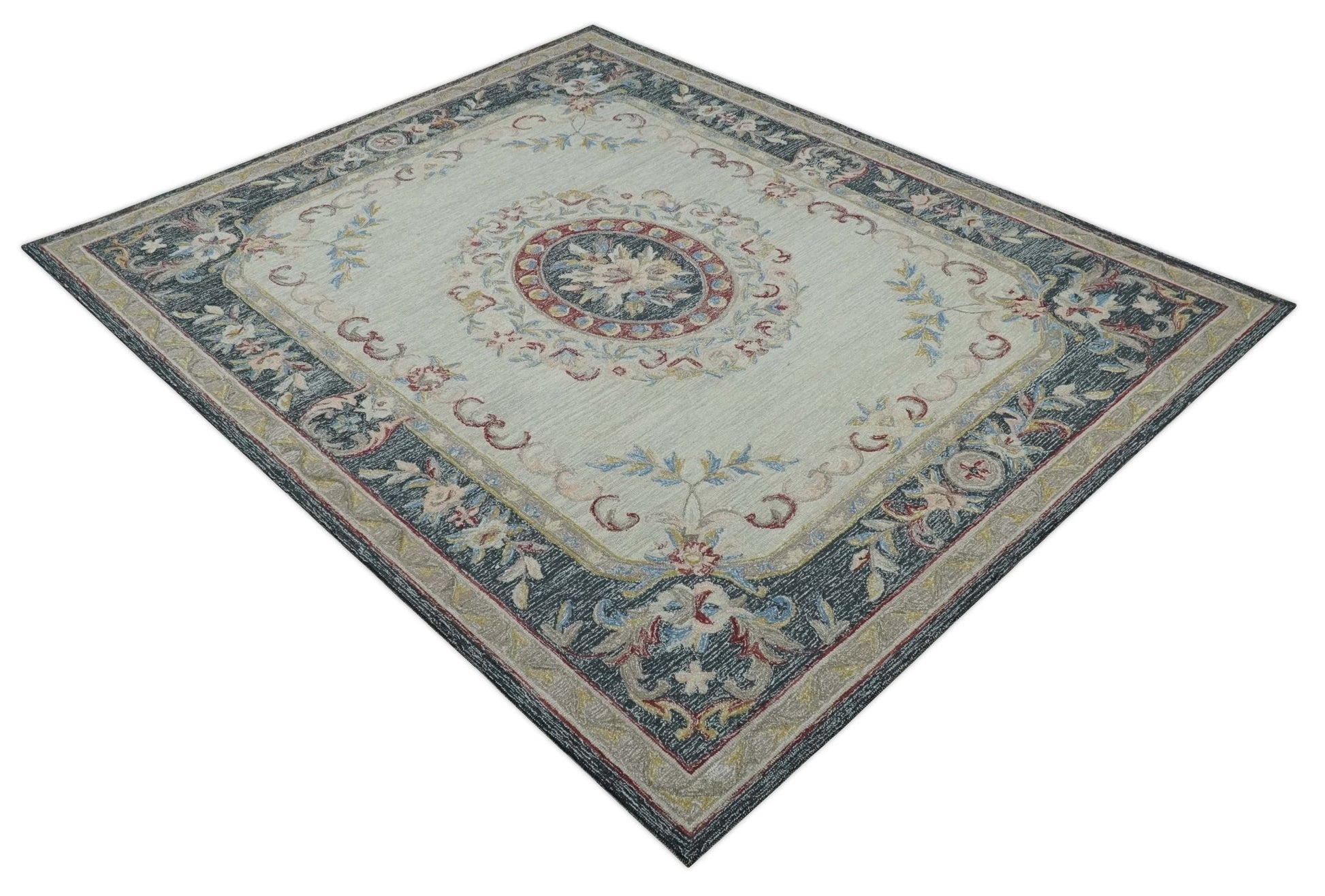 Hand - Tufted Wool Rug 8x10 – Silver & Charcoal Aubusson Design - MyTuftedRugs.com