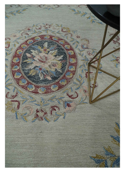 Hand - Tufted Wool Rug 8x10 – Silver & Charcoal Aubusson Design - MyTuftedRugs.com