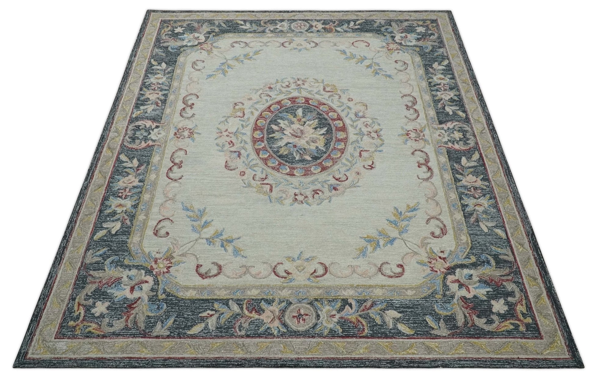 Hand - Tufted Wool Rug 8x10 – Silver & Charcoal Aubusson Design - MyTuftedRugs.com