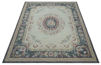 Hand - Tufted Wool Rug 8x10 – Silver & Charcoal Aubusson Design - MyTuftedRugs.com