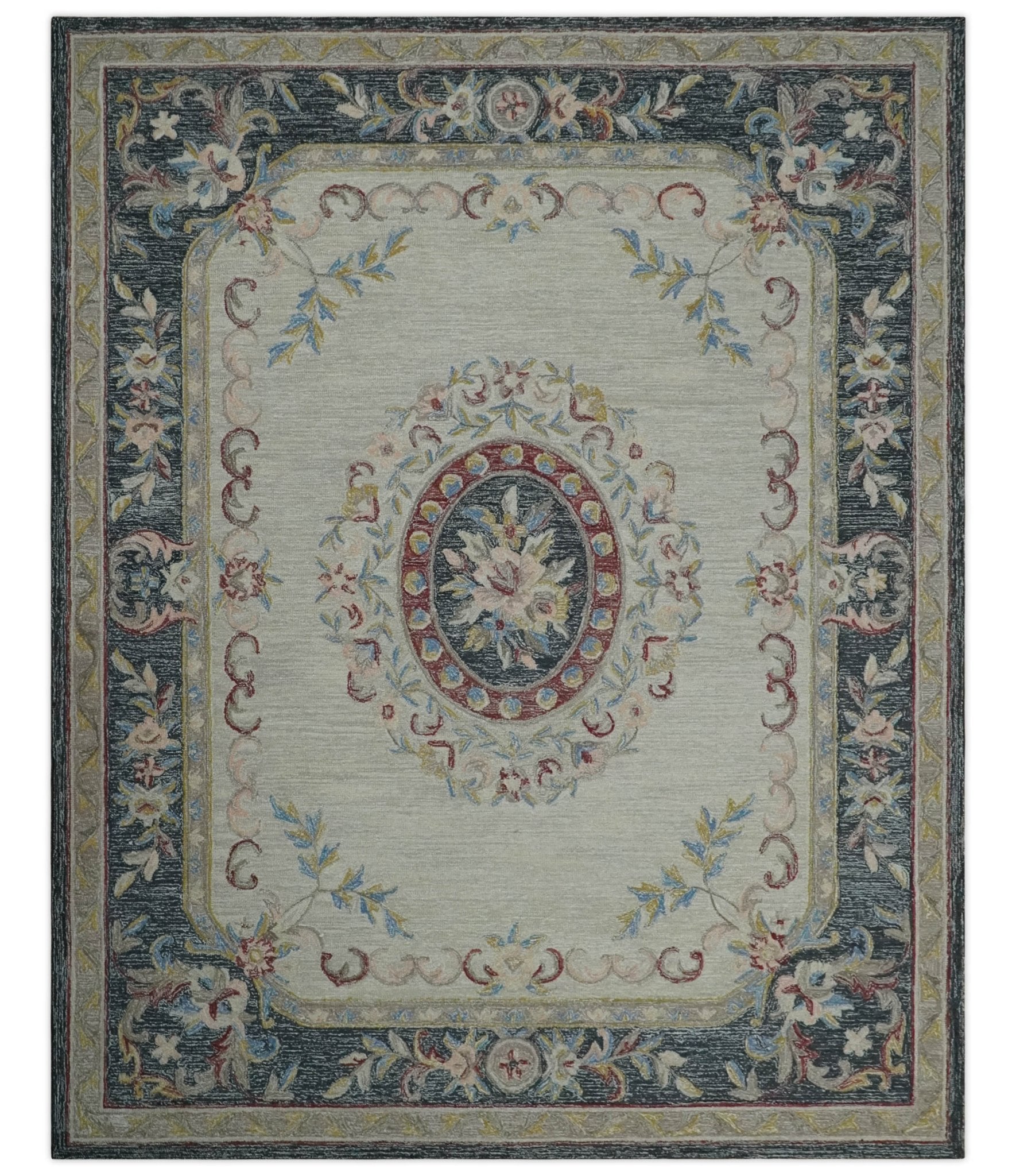 Hand - Tufted Wool Rug 8x10 – Silver & Charcoal Aubusson Design - MyTuftedRugs.com