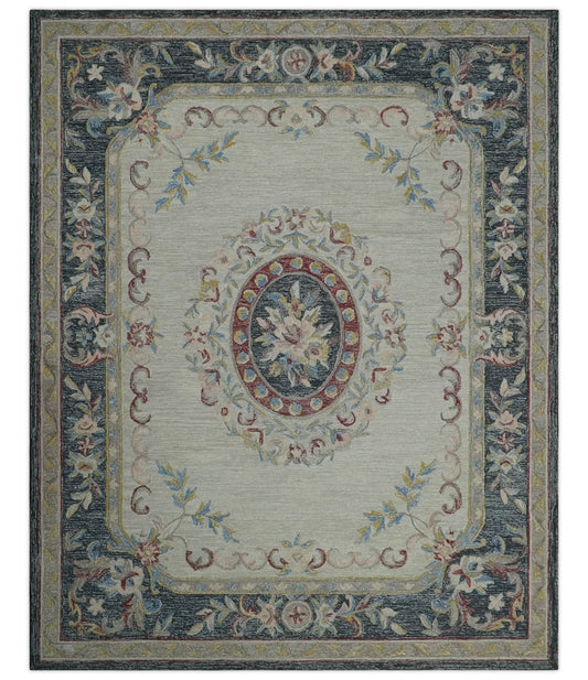 Hand - Tufted Wool Rug 8x10 – Silver & Charcoal Aubusson Design - MyTuftedRugs.com