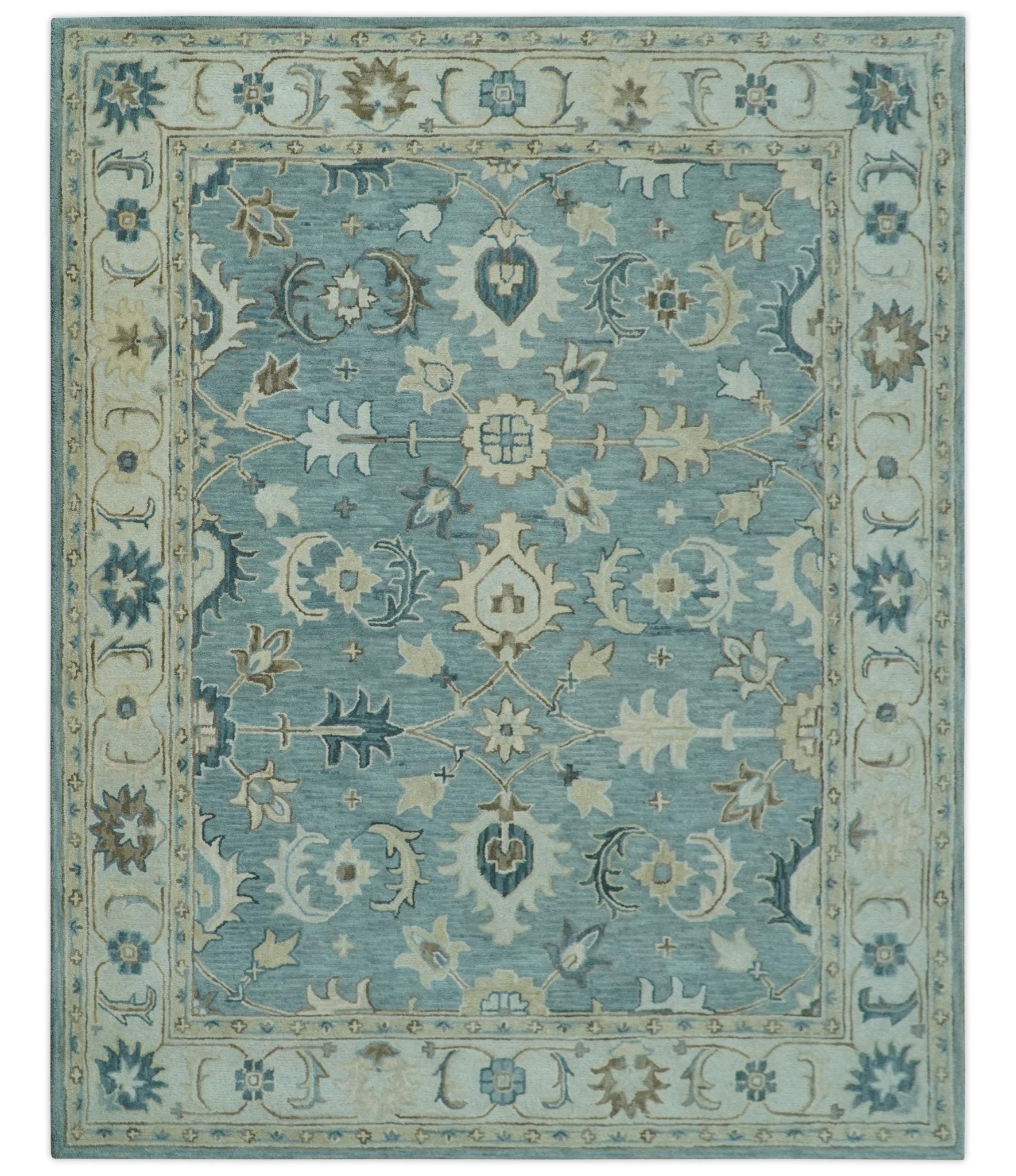 Hand - Tufted Wool Rug – Blue, Ivory & Beige Oushak (8x10) - MyTuftedRugs.com
