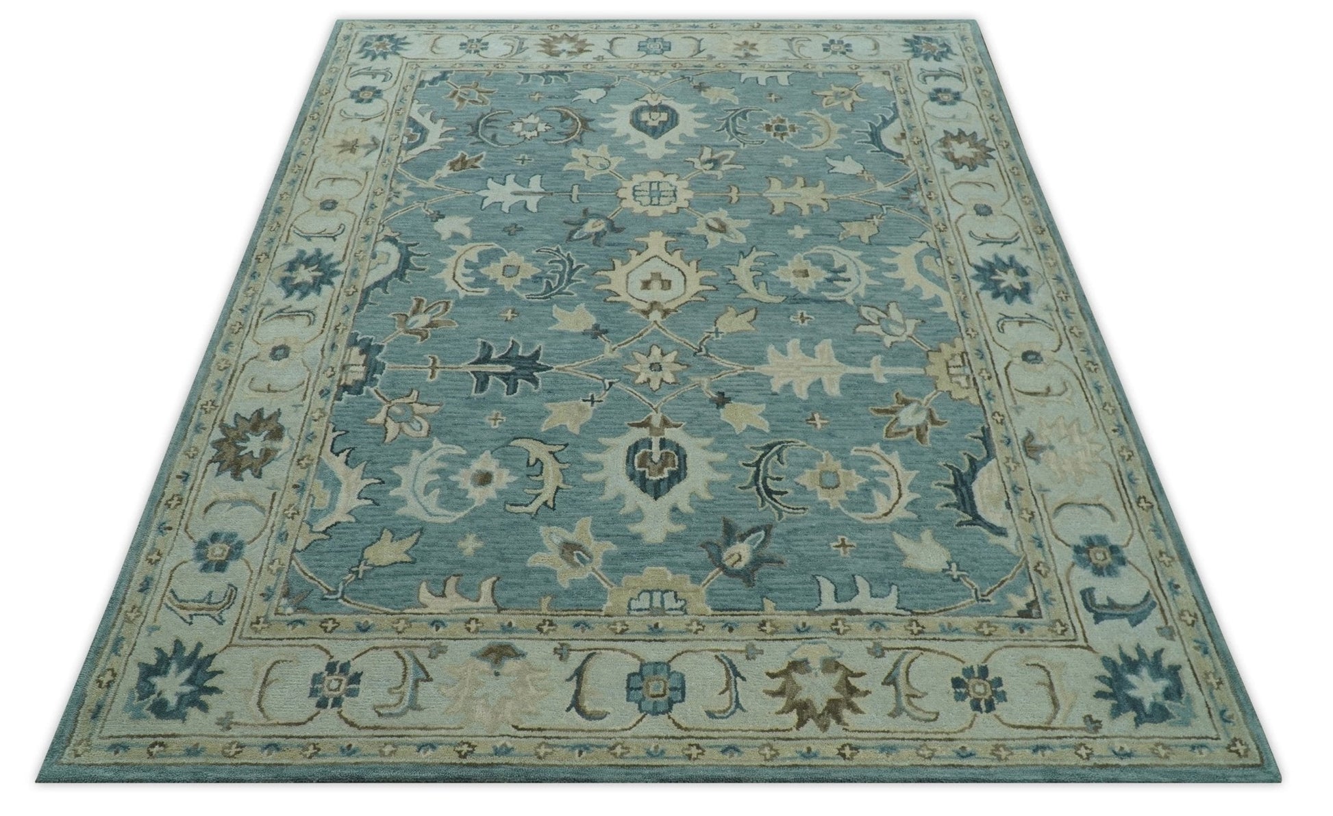 Hand - Tufted Wool Rug – Blue, Ivory & Beige Oushak (8x10) - MyTuftedRugs.com