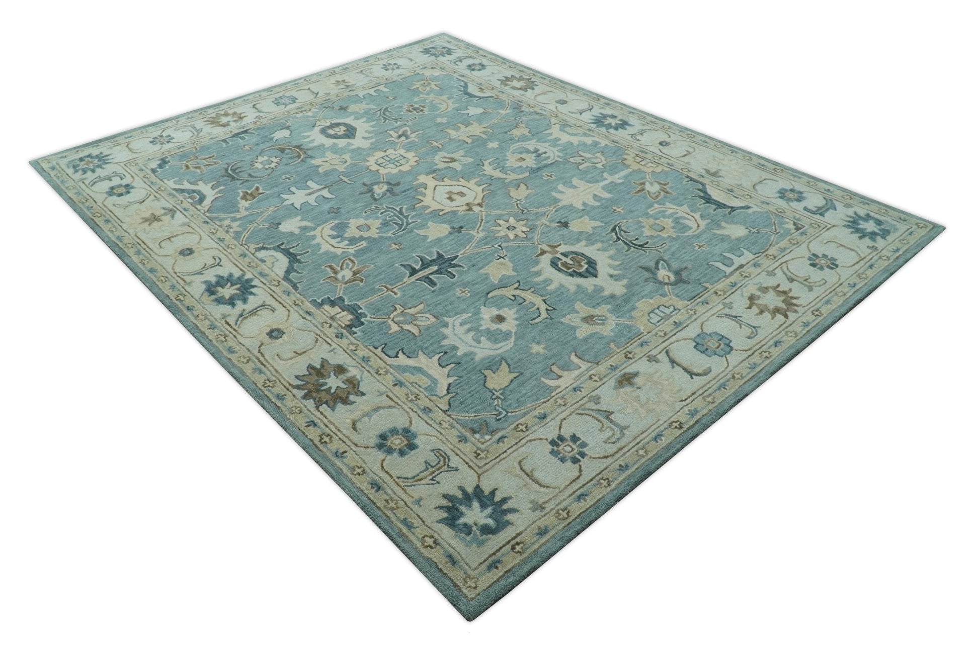 Hand - Tufted Wool Rug – Blue, Ivory & Beige Oushak (8x10) - MyTuftedRugs.com