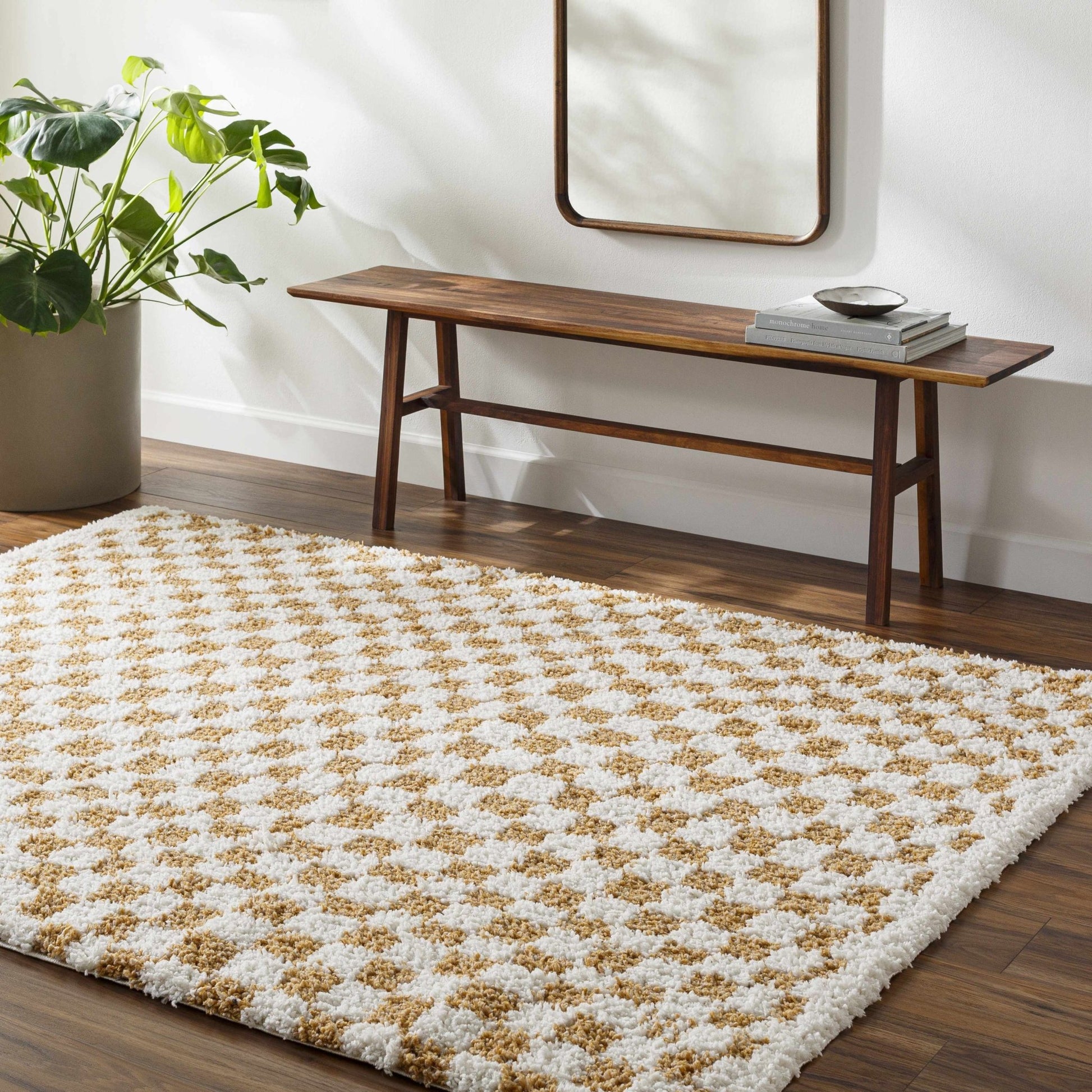 Kieu Mustard & Ivory Checkered Area Rug - MyTuftedRugs.com