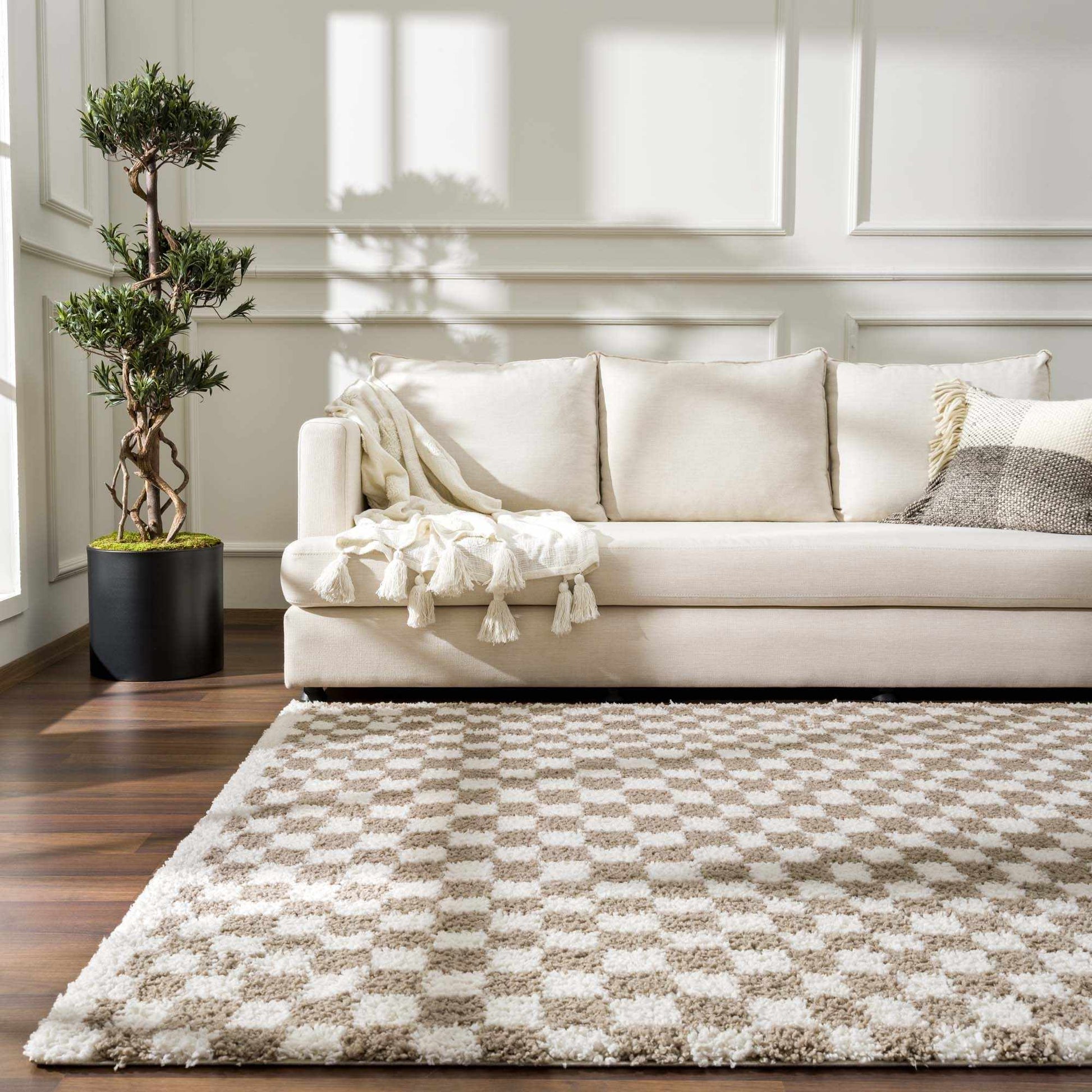 Kieu Taupe Checkered Shag Rug - MyTuftedRugs.com
