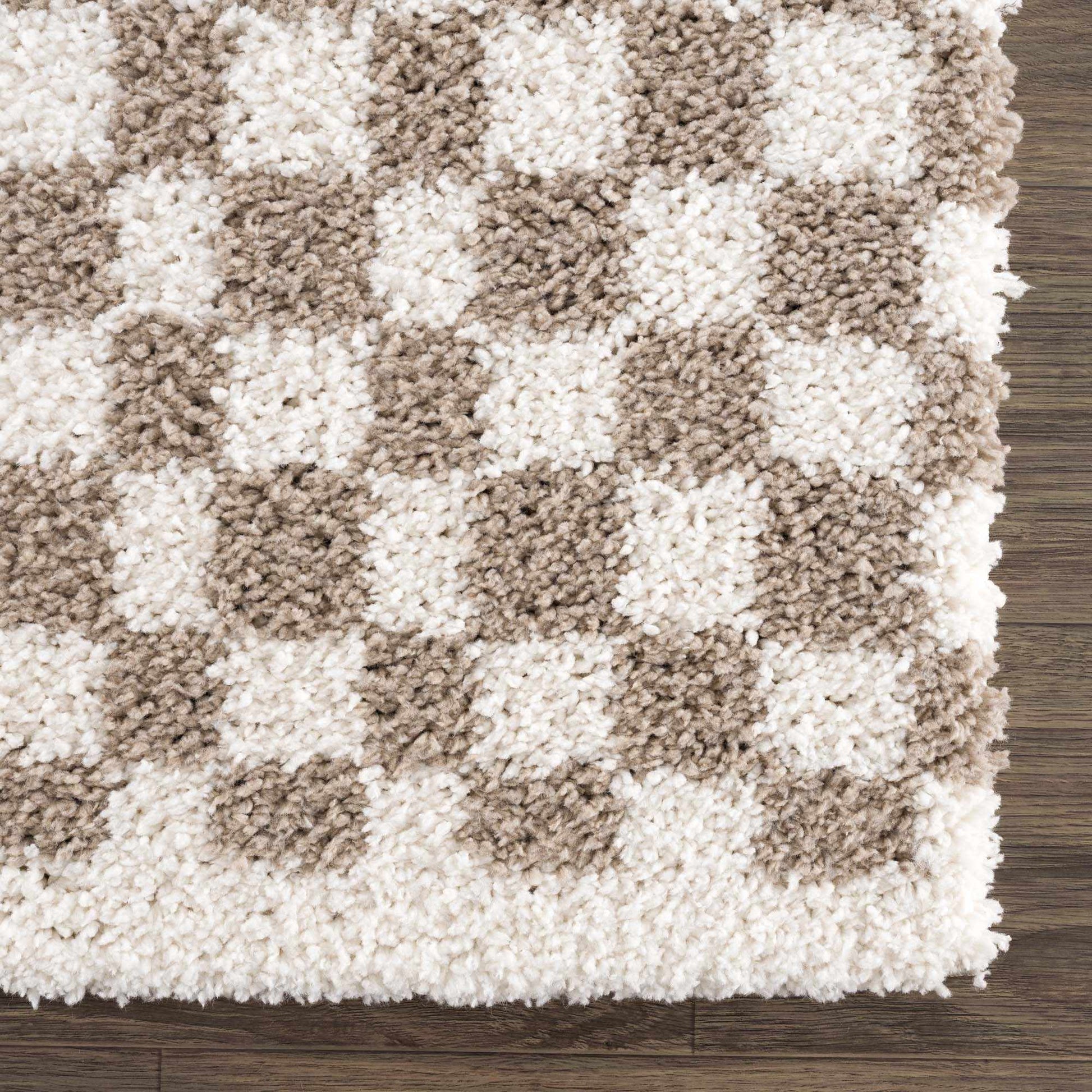 Kieu Taupe Checkered Shag Rug - MyTuftedRugs.com