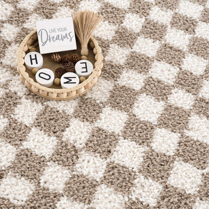 Kieu Taupe Checkered Shag Rug - MyTuftedRugs.com