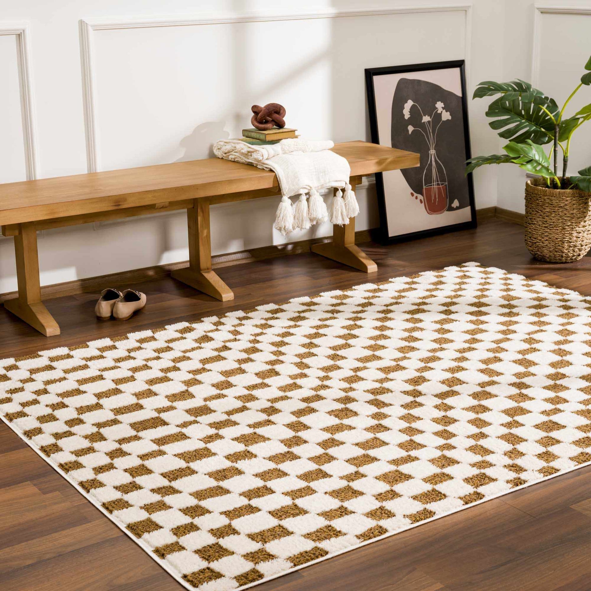 Lajos Brown Checkered Shag Rug - MyTuftedRugs.com