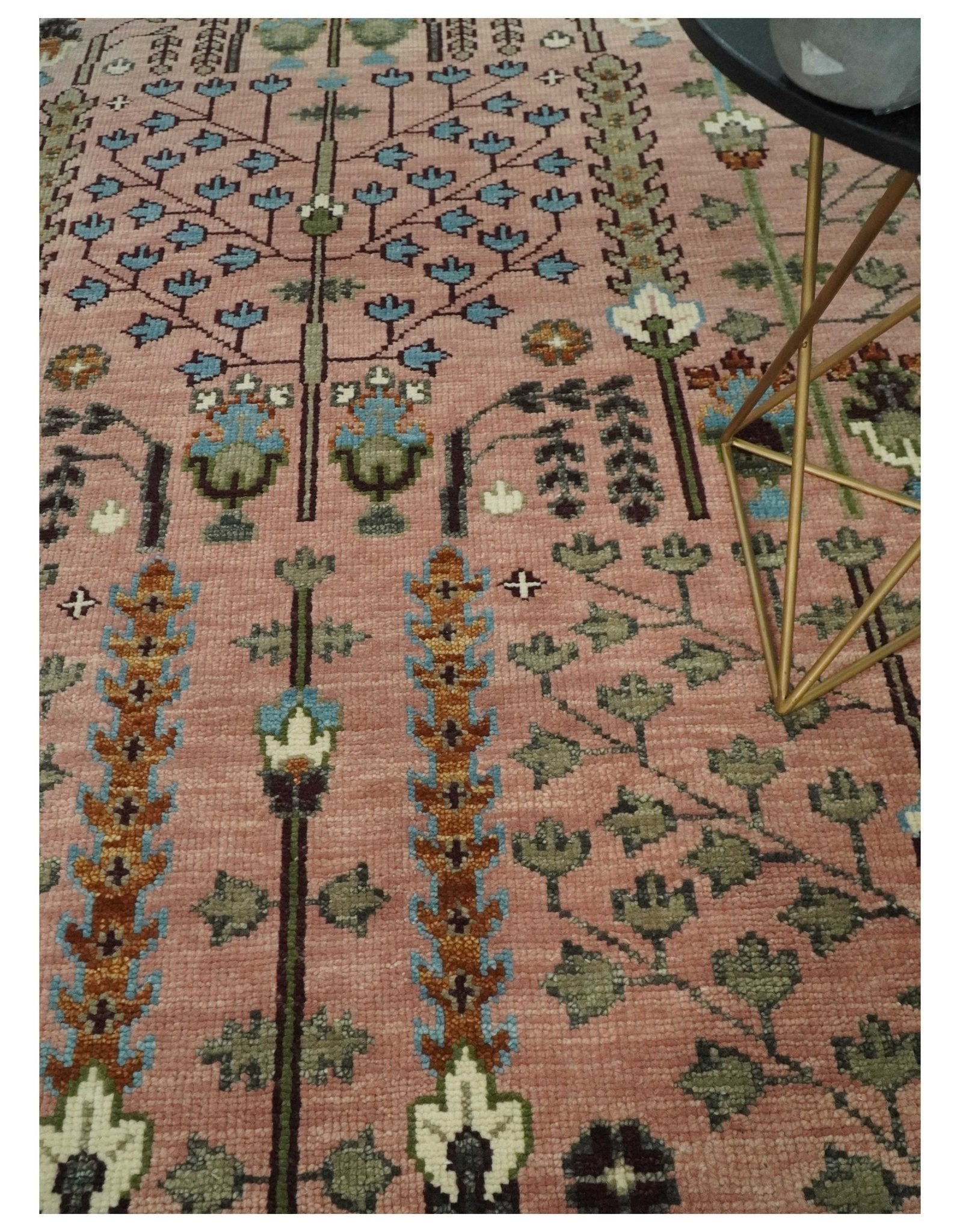 Hand-Knotted Pink & Olive Persian Rug | Wool | Ready to Ship