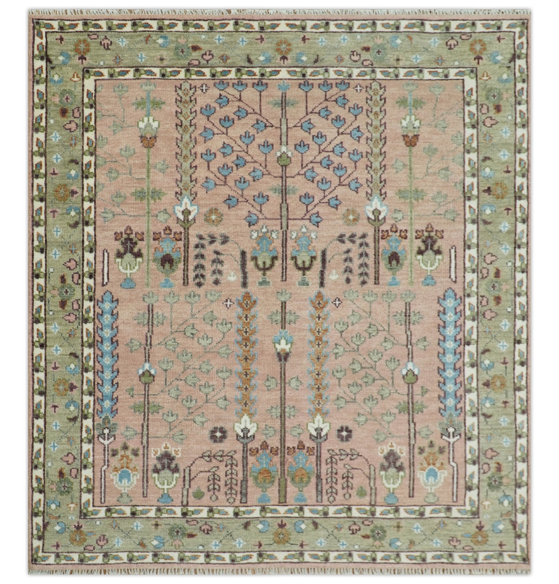 Hand-Knotted Pink & Olive Persian Rug | Wool | Ready to Ship